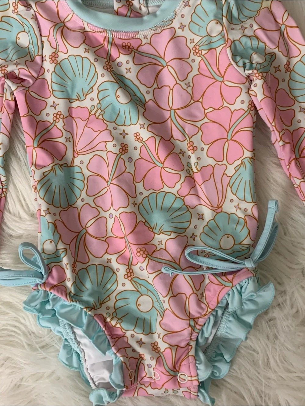 Caden Lane Kids One-Piece Swimsuit in Pink & Aqua Hibiscus Print 6-12M